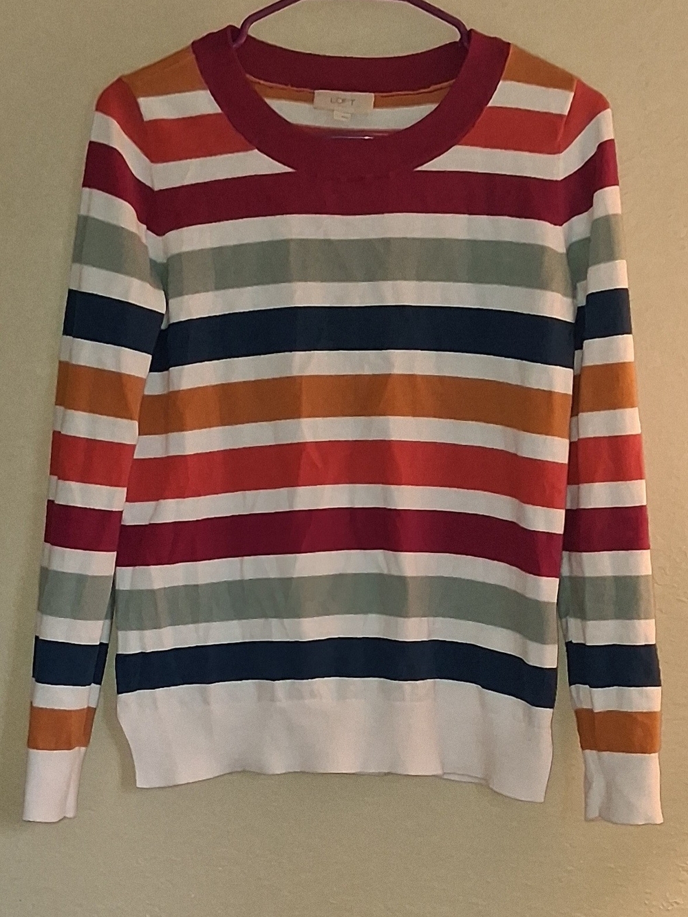 LOFT Multicolor Striped Crewneck Sweater - Red, Navy, Mustard, Green, White